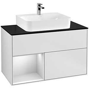 Villeroy und Boch Finion Waschtischunterschrank G112MTMT 100cm, Abdeckplatte black matt, Emotion, Regal links White matt lacquer, White matt lacquer
