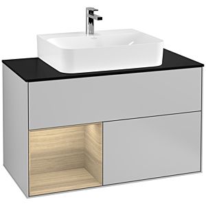 Villeroy und Boch Finion Waschtischunterschrank G112PCGJ 100cm, Abdeckplatte black matt, Emotion, Regal links Oak Veneer, Light grey matt