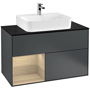 Villeroy und Boch Finion Waschtischunterschrank G112PCHG 100cm, Abdeckplatte black matt, Emotion, Regal links Oak Veneer, Midnight Blue Matt Lacquer