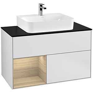 Villeroy und Boch Finion Waschtischunterschrank G112PCMT 100cm, Abdeckplatte black matt, Emotion, Regal links Oak Veneer, White matt lacquer