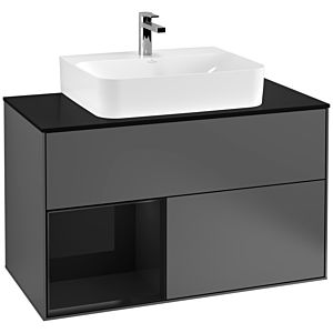 Villeroy und Boch Finion Waschtischunterschrank G112PHGK 100cm, Abdeckplatte black matt, Emotion, Regal links Glossy Black Lacquer, Anthracite matt