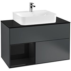 Villeroy und Boch Finion Waschtischunterschrank G112PHHG 100cm, Abdeckplatte black matt, Emotion, Regal links Glossy Black Lacquer, Midnight Blue Matt Lacquer