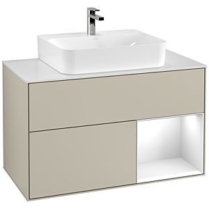 Villeroy et Boch Finion Villeroy et Boch G121GFHH 100cm, plaque de finition blanc mat, Emotion, étagère à droite Laque blanc brillant, Sand Matt Lacquer