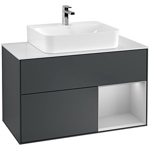 Villeroy und Boch Finion Waschtischunterschrank G121GJHG 100cm, Abdeckplatte white matt, Emotion, Regal rechts Light grey matt, Midnight Blue Matt Lacquer