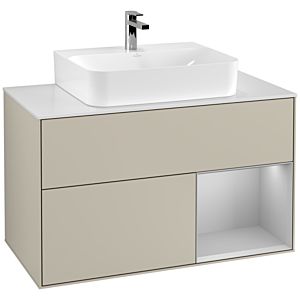 Villeroy und Boch Finion Waschtischunterschrank G121GJHH 100cm, Abdeckplatte white matt, Emotion, Regal rechts Light grey matt, Sand Matt Lacquer