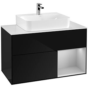 Villeroy und Boch Finion Waschtischunterschrank G121GJPH 100cm, Abdeckplatte white matt, Emotion, Regal rechts Light grey matt, Glossy Black Lacquer