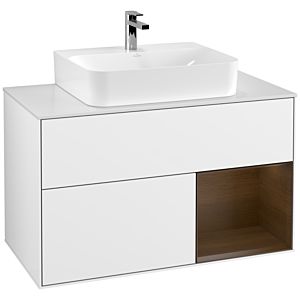 Villeroy et Boch Finion Villeroy et Boch G121GNGF 100cm, plaque de finition blanc mat, émotion, étagère à droite placage noyer, laqué blanc brillant