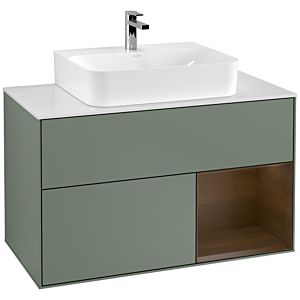 Villeroy et Boch Finion Villeroy et Boch G121GNGM 100cm, plaque de finition blanc mat, émotion, étagère à droite placage noyer, Olive Matt Lacquer