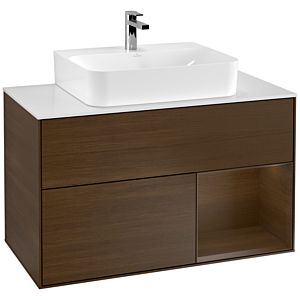 Villeroy und Boch Finion Waschtischunterschrank G121GNGN 100cm, Abdeckplatte white matt, Emotion, Regal rechts Walnut veneer, Walnut veneer