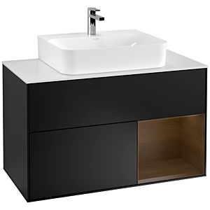 Villeroy et Boch Finion Villeroy et Boch G121GNPD 100cm, plaque de finition blanc mat, Emotion, étagère à droite placage noyer, laqué noir mat