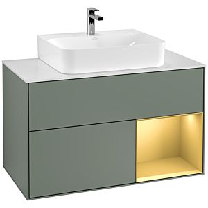 Villeroy et Boch Finion Villeroy et Boch G121HFGM 100cm, plaque de recouvrement blanc mat, Emotion, étagère droite or mat, Olive Matt Lacquer