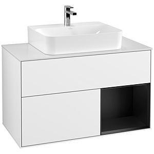 Villeroy et Boch Finion Villeroy et Boch G121PDGF 100cm, plaque de recouvrement blanc mat, Emotion, étagère à droite Laque noire mate, Laque blanche brillante