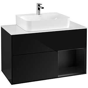 Villeroy und Boch Finion Waschtischunterschrank G121PDPH 100cm, Abdeckplatte white matt, Emotion, Regal rechts Black matt lacquer, Glossy Black Lacquer