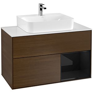 Villeroy und Boch Finion Waschtischunterschrank G121PHGN 100cm, Abdeckplatte white matt, Emotion, Regal rechts Glossy Black Lacquer, Walnut veneer