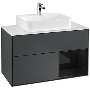 Villeroy und Boch Finion Waschtischunterschrank G121PHHG 100cm, Abdeckplatte white matt, Emotion, Regal rechts Glossy Black Lacquer, Midnight Blue Matt Lacquer