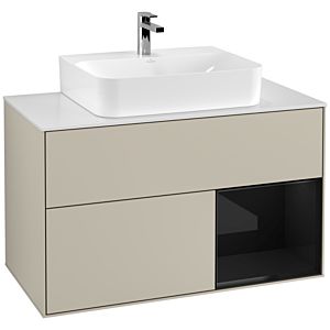 Villeroy und Boch Finion Waschtischunterschrank G121PHHH 100cm, Abdeckplatte white matt, Emotion, Regal rechts Glossy Black Lacquer, Sand Matt Lacquer