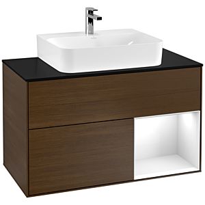 Villeroy et Boch Finion Villeroy et Boch G122GFGN 100cm, plaque de finition noir mat, Emotion, étagère à droite Laque blanc brillant, placage noyer