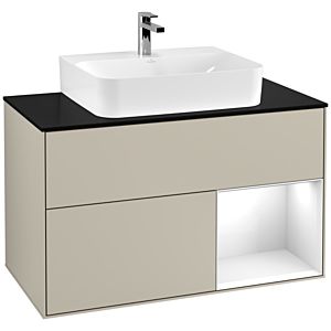 Villeroy und Boch Finion Waschtischunterschrank G122GFHH 100cm, Abdeckplatte black matt, Emotion, Regal rechts Glossy white lacquer, Sand Matt Lacquer