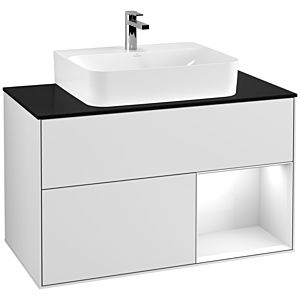 Villeroy et Boch Finion Villeroy et Boch G122GFMT 100cm, plaque de finition noir mat, Emotion, étagère à droite laqué blanc brillant, laqué blanc mat