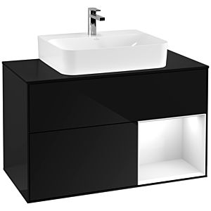 Villeroy und Boch Finion Waschtischunterschrank G122GFPH 100cm, Abdeckplatte black matt, Emotion, Regal rechts Glossy white lacquer, Glossy Black Lacquer