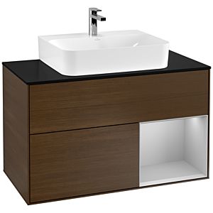 Villeroy und Boch Finion Waschtischunterschrank G122GJGN 100cm, Abdeckplatte black matt, Emotion, Regal rechts Light grey matt, Walnut veneer
