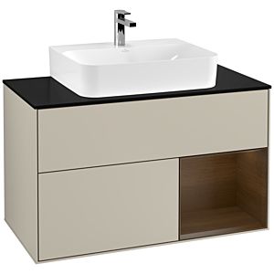 Villeroy und Boch Finion Waschtischunterschrank G122GNHH 100cm, Abdeckplatte black matt, Emotion, Regal rechts Walnut veneer, Sand Matt Lacquer