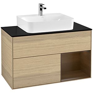 Villeroy und Boch Finion Waschtischunterschrank G122GNPC 100cm, Abdeckplatte black matt, Emotion, Regal rechts Walnut veneer, Oak Veneer
