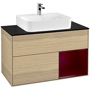 Villeroy und Boch Finion Waschtischunterschrank G122HBPC 100cm, Abdeckplatte black matt, Emotion, Regal rechts Peony, Oak Veneer