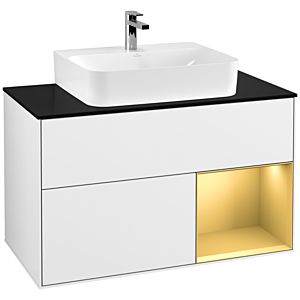 Villeroy und Boch Finion Waschtischunterschrank G122HFGF 100cm, Abdeckplatte black matt, Emotion, Regal rechts Gold matt, Glossy white lacquer