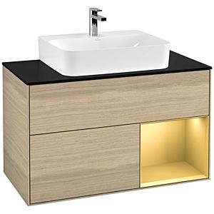Villeroy und Boch Finion Waschtischunterschrank G122HFPC 100cm, Abdeckplatte black matt, Emotion, Regal rechts Gold matt, Oak Veneer