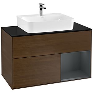 Villeroy und Boch Finion Waschtischunterschrank G122HGGN 100cm, Abdeckplatte black matt, Emotion, Regal rechts Midnight Blue Matt Lacquer, Walnut veneer