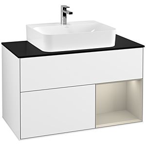 Villeroy und Boch Finion Waschtischunterschrank G122HHGF 100cm, Abdeckplatte black matt, Emotion, Regal rechts Sand Matt, Glossy white lacquer