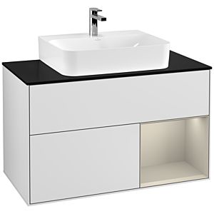 Villeroy et Boch Finion Villeroy et Boch G122HHMT 100cm, plaque de finition noir mat, Emotion, étagère à droite Sand mat, laqué blanc mat