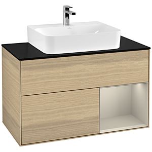 Villeroy und Boch Finion Waschtischunterschrank G122HHPC 100cm, Abdeckplatte black matt, Emotion, Regal rechts Sand Matt, Oak Veneer
