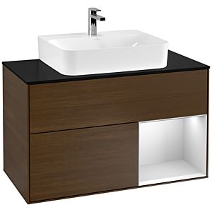 Villeroy und Boch Finion Waschtischunterschrank G122MTGN 100cm, Abdeckplatte black matt, Emotion, Regal rechts White matt lacquer, Walnut veneer