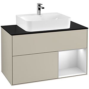 Villeroy und Boch Finion Waschtischunterschrank G122MTHH 100cm, Abdeckplatte black matt, Emotion, Regal rechts White matt lacquer, Sand Matt Lacquer