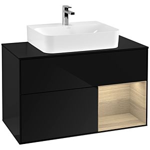 Villeroy und Boch Finion Waschtischunterschrank G122PCPH 100cm, Abdeckplatte black matt, Emotion, Regal rechts Oak Veneer, Glossy Black Lacquer