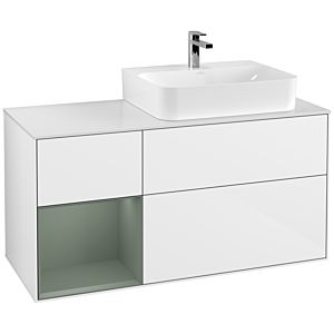 Villeroy und Boch Finion Waschtischunterschrank G141GMGF 120cm, Abdeckplatte white matt, Emotion, Regal links Olive Matt Lacquer, Glossy white lacquer