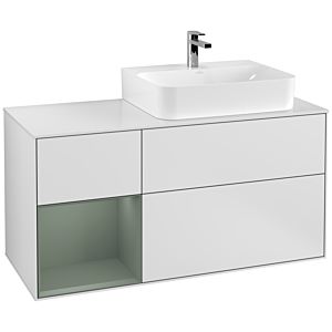 Villeroy und Boch Finion Waschtischunterschrank G141GMMT 120cm, Abdeckplatte white matt, Emotion, Regal links Olive Matt Lacquer, White matt lacquer