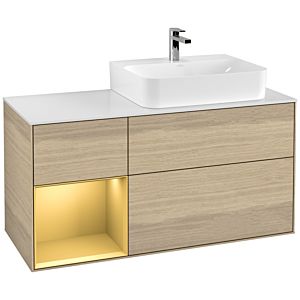 Villeroy und Boch Finion Waschtischunterschrank G141HFPC 120cm, Abdeckplatte white matt, Emotion, Regal links Gold matt, Oak Veneer