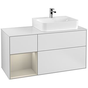 Villeroy und Boch Finion Waschtischunterschrank G141HHMT 120cm, Abdeckplatte white matt, Emotion, Regal links Sand Matt Lacquer, White matt lacquer