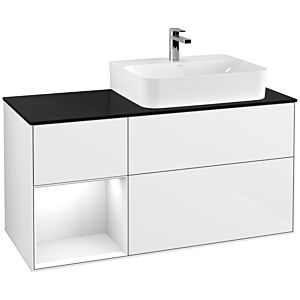 Villeroy und Boch Finion Waschtischunterschrank G142GFGF 120cm, Abdeckplatte black matt, Emotion, Regal links Glossy white lacquer, Glossy white lacquer
