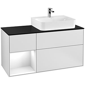Villeroy und Boch Finion Waschtischunterschrank G142GFMT 120cm, Abdeckplatte black matt, Emotion, Regal links Glossy white lacquer, White matt lacquer