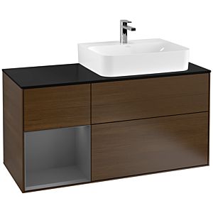 Villeroy und Boch Finion Waschtischunterschrank G142GKGN 120cm, Abdeckplatte black matt, Emotion, Regal links Anthracite matt, Walnut veneer