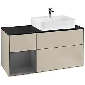 Villeroy und Boch Finion Waschtischunterschrank G142GKHH 120cm, Abdeckplatte black matt, Emotion, Regal links Anthracite matt, Sand Matt Lacquer