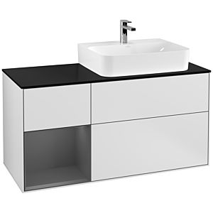 Villeroy und Boch Finion Waschtischunterschrank G142GKMT 120cm, Abdeckplatte black matt, Emotion, Regal links Anthracite matt, White matt lacquer