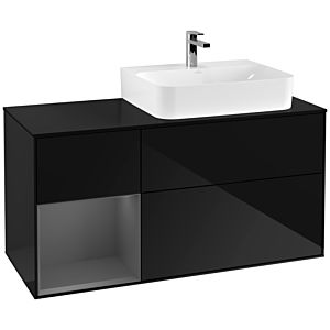 Villeroy und Boch Finion Waschtischunterschrank G142GKPH 120cm, Abdeckplatte black matt, Emotion, Regal links Anthracite matt, Glossy Black Lacquer
