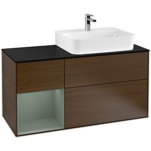Villeroy und Boch Finion Waschtischunterschrank G142GMGN 120cm, Abdeckplatte black matt, Emotion, Regal links Olive Matt Lacquer, Walnut veneer