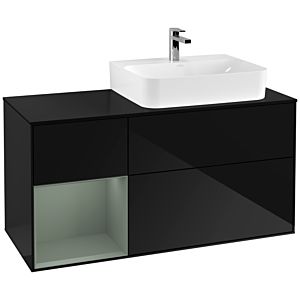Villeroy und Boch Finion Waschtischunterschrank G142GMPH 120cm, Abdeckplatte black matt, Emotion, Regal links Olive Matt Lacquer, Glossy Black Lacquer