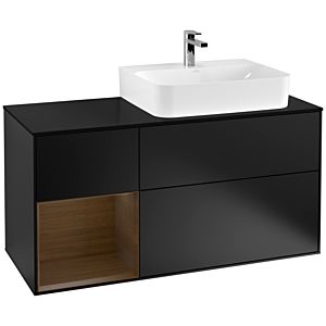 Villeroy et Boch Finion Villeroy et Boch G142GNPD 120cm, plaque de recouvrement noir mat, émotion, étagère gauche placage noyer, laqué noir mat